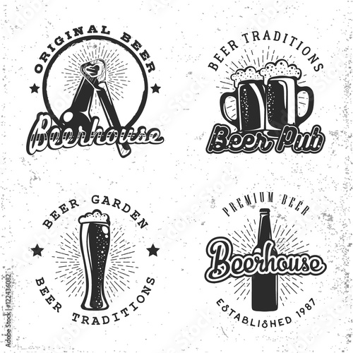 Set of logos beer concept. Labels in retro style with sunburst and lettering for brewery, beerhouses and pubs. Vector illustration.