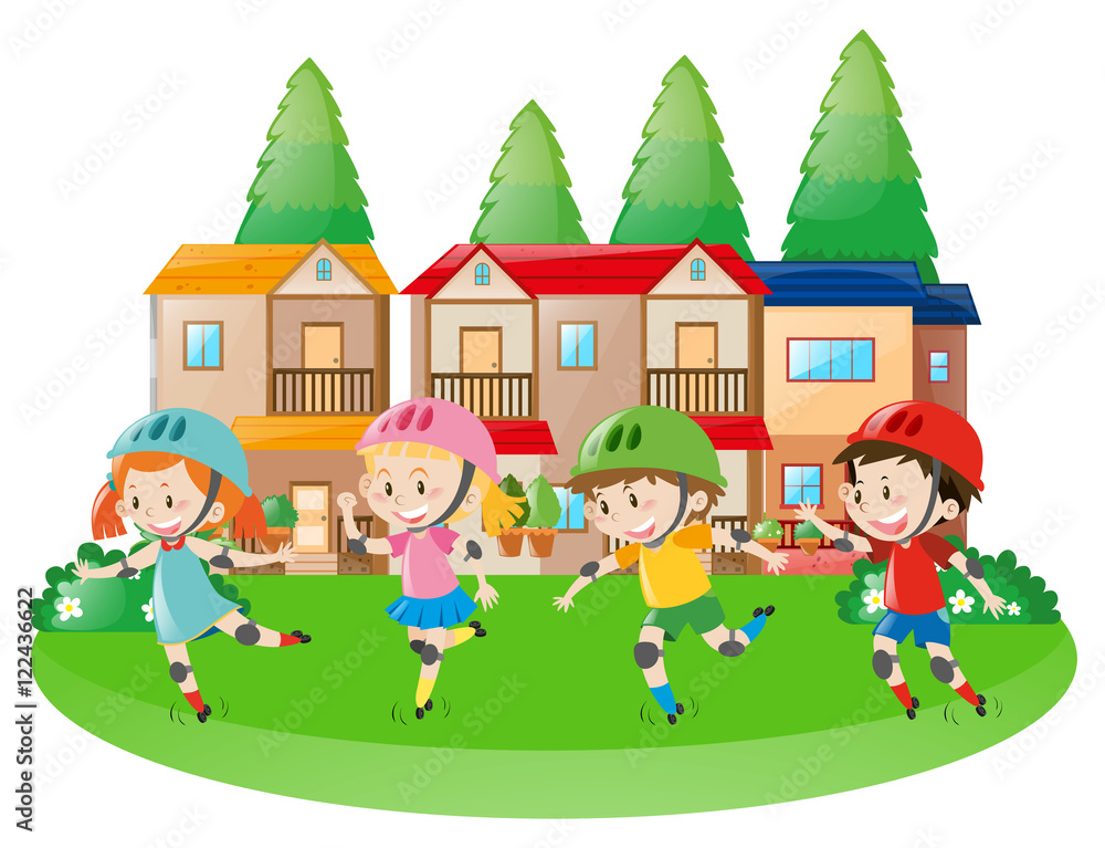Four children rollerskating in neighborhood Four children rollerskating in neighborhood