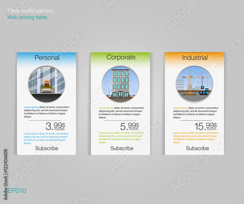 Three tariffs banners. Web pricing table. Vector design for web app. Price list. Business tariff banners.