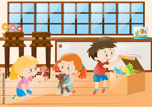 Three children playing with dolls in room