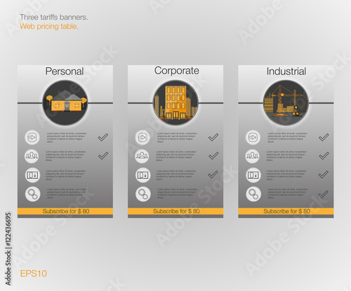 Three banner for the tariffs and price lists. Web elements. Plan hosting. Vector design for web app. Plan for website in flat design.