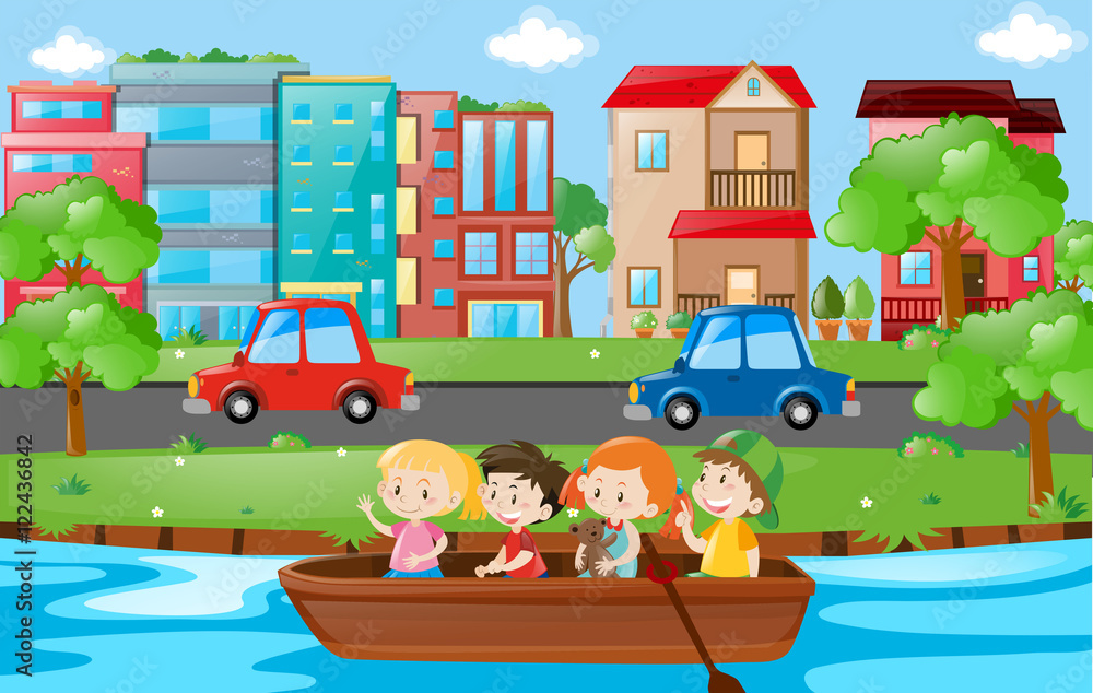 Naklejka premium Kids rowing boat in the river