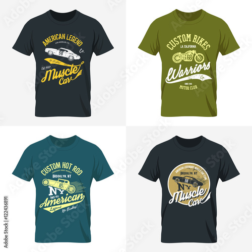 Vintage American hot rod, muscle car, motorcycle old grunge effect tee print vector design illustration. 
Premium quality superior custom bike retro logo concept. Shabby t-shirt mock up.