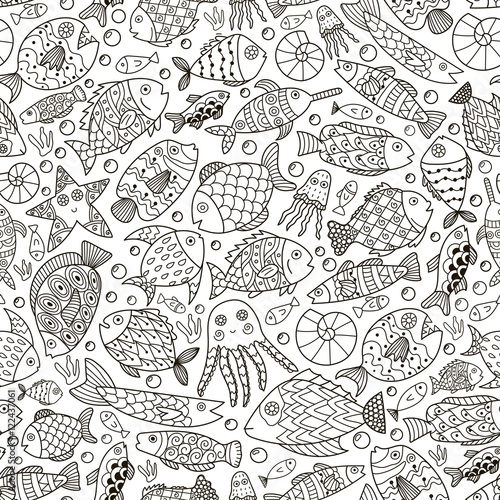 Ocean collection with doodle fish for coloring book