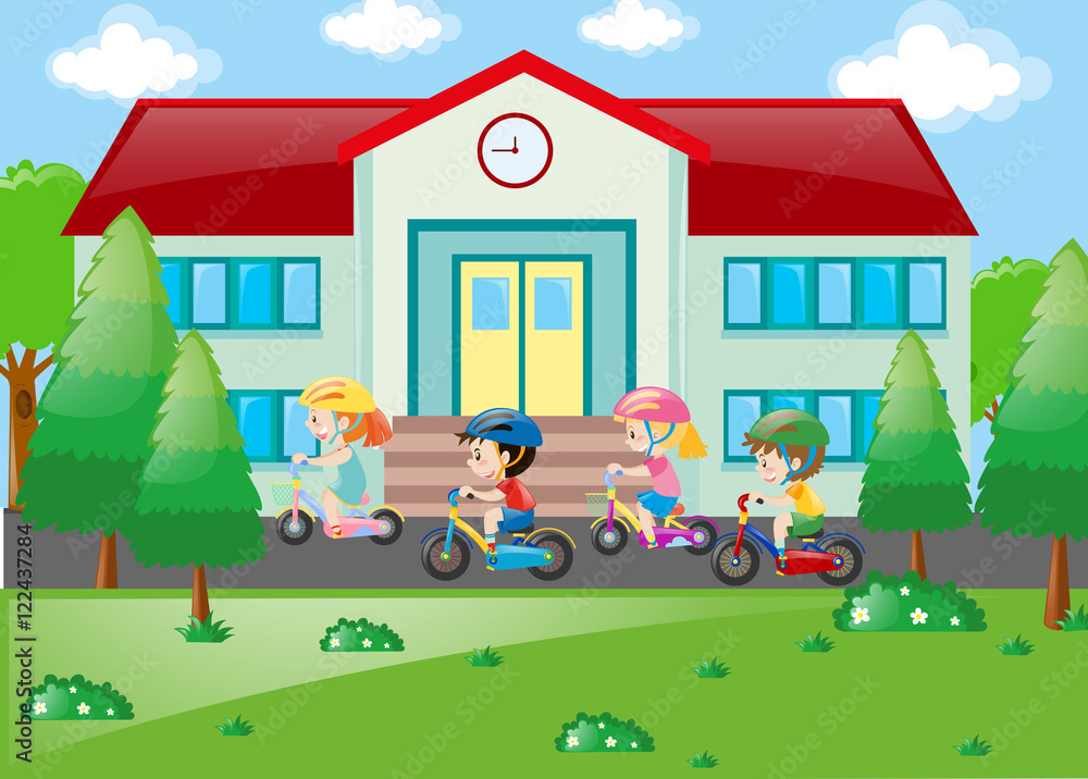 Naklejka premium Students riding bicycle to school
