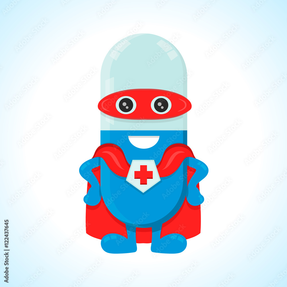 Vector flat pill character super-hero cartoon illustration. Isolated on background Vector flat pill character super-hero cartoon illustration. Isolated on background