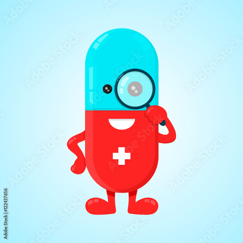 Vector flat pill character look in magnifier illustration. Isolated on background