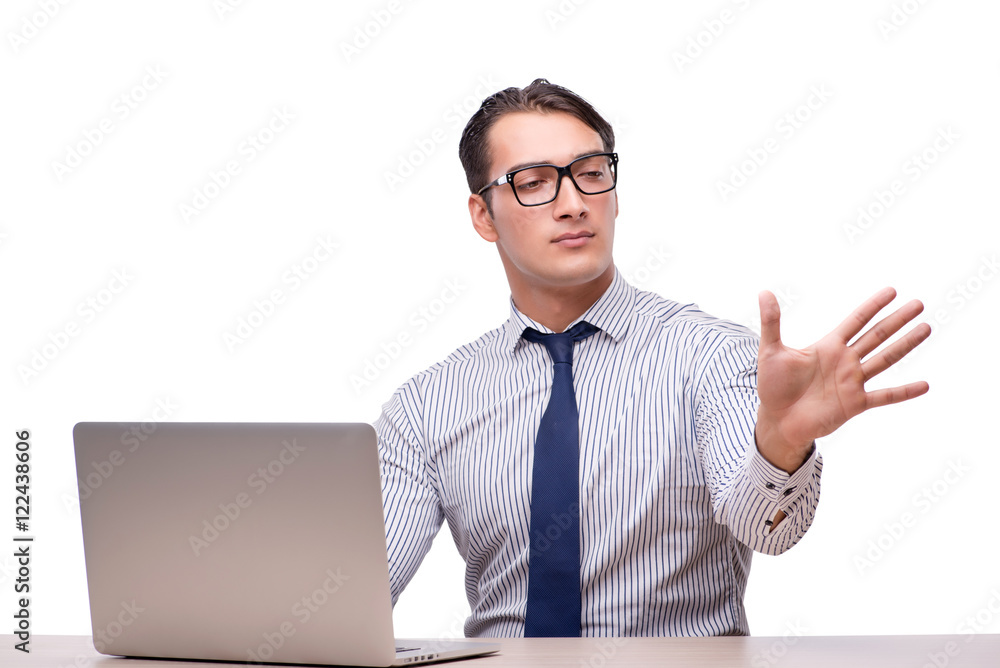Handsome businessman working with laptop computer isolated on wh Handsome businessman working with laptop computer isolated on wh