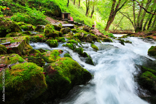 Autumn landscape with mountain river flowing among mossy stones through the colorful forest. Silky smooth stream of clear water. Beautiful cascade small waterfalls. Stream in the wood.