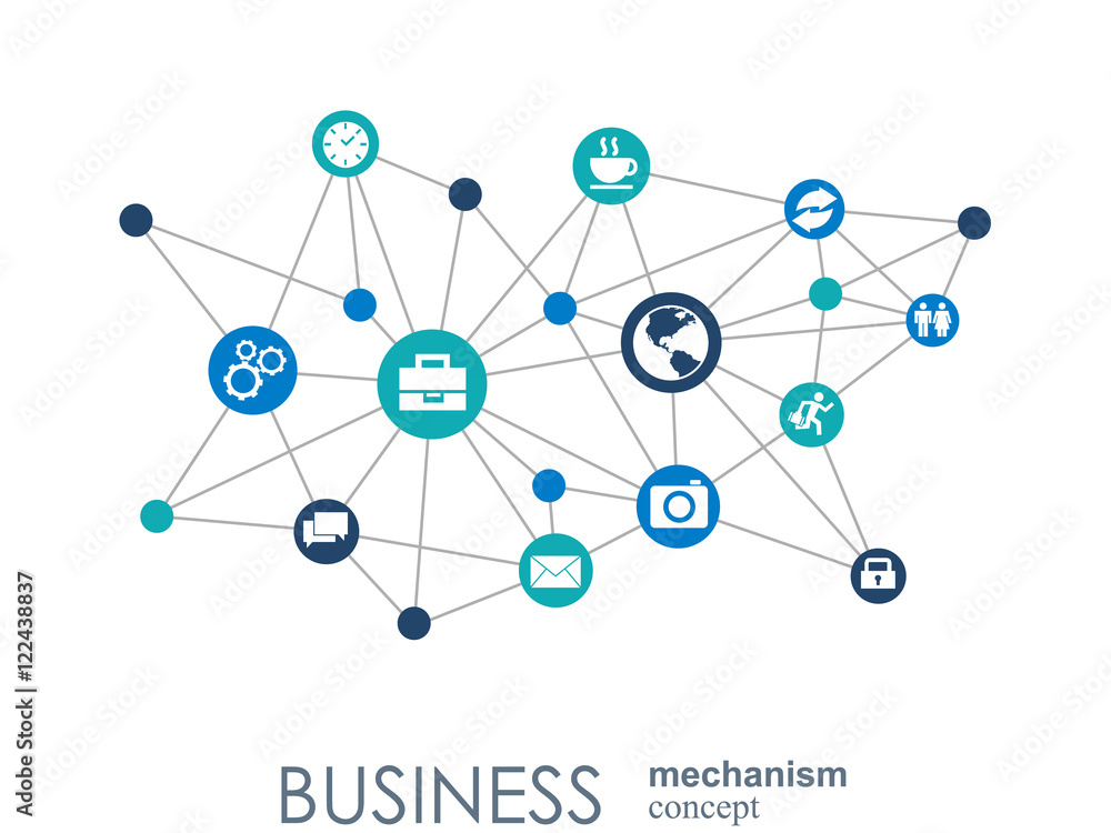 Business mechanism concept. Abstract background with connected gears and icons for strategy, service, analytics, research, seo, digital marketing, communicate concepts. Vector infographic illustration Business mechanism concept. Abstract background with connected gears and icons for strategy, service, analytics, research, seo, digital marketing, communicate concepts. Vector infographic illustration