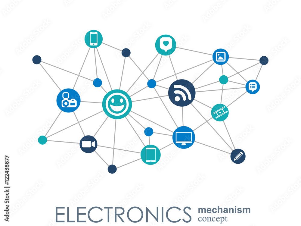 Electronics mechanism. Abstract background with connected gears and integrated flat icons. Connected symbols for laptop, monitor, phone. Vector interactive illustration Electronics mechanism. Abstract background with connected gears and integrated flat icons. Connected symbols for laptop, monitor, phone. Vector interactive illustration