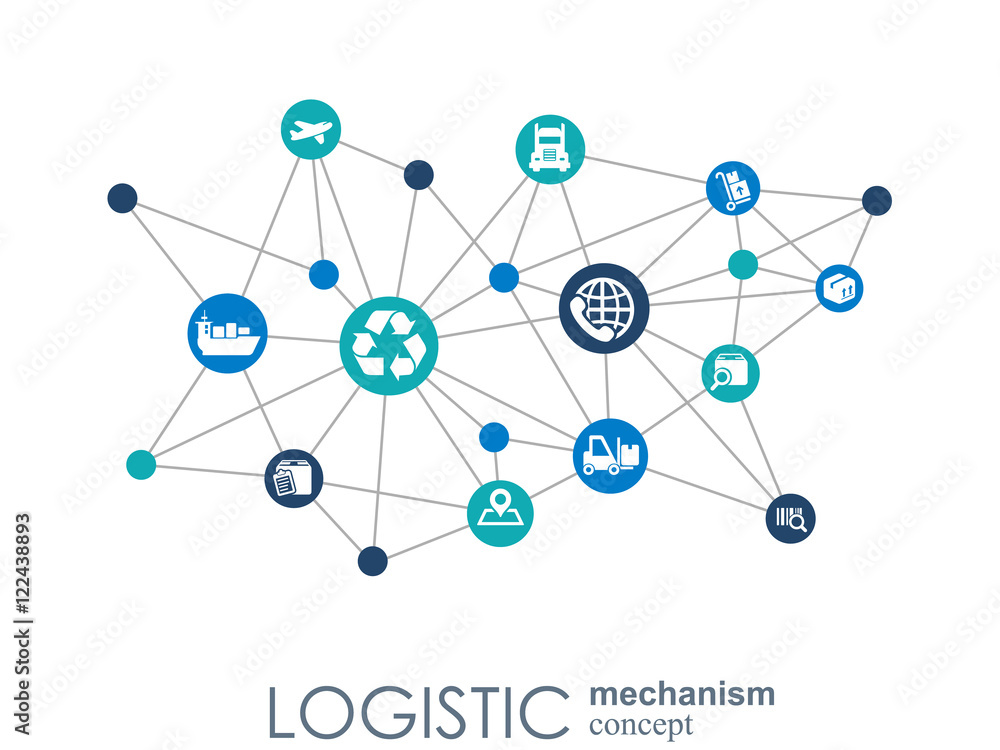 LOGISTIC mechanism concept. distribution, delivery, service, shipping, logistic, transport, market concepts. Abstract background with connected objects. Vector illustration. LOGISTIC mechanism concept. distribution, delivery, service, shipping, logistic, transport, market concepts. Abstract background with connected objects. Vector illustration.