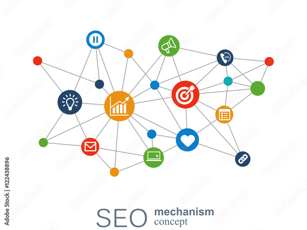 SEO mechanism concept. Abstract background with integrated gears and icons for strategy, digital, internet, network, connect, analytics, social media and global concepts. SEO mechanism concept. Abstract background with integrated gears and icons for strategy, digital, internet, network, connect, analytics, social media and global concepts.