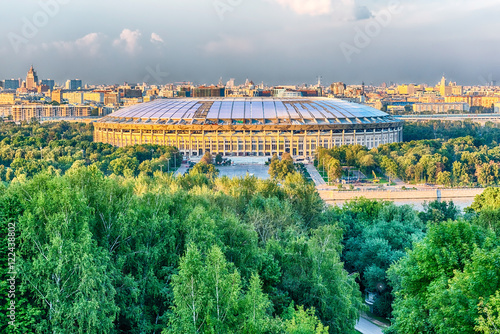 Aerial view of Luzhniki Stadium from Sparrow Hills  Moscow  Russ