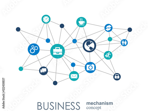 Business mechanism concept. Abstract background with connected gears and icons for strategy, service, analytics, research, seo, digital marketing, communicate concepts. Vector infographic illustration