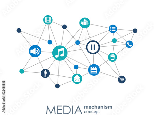 Media mechanism concept. Growth abstract background with integrated meta balls, integrated icon for digital, strategy, internet, network, connect, communicate, technology, global concepts.