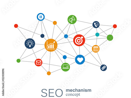 SEO mechanism concept. Abstract background with integrated gears and icons for strategy, digital, internet, network, connect, analytics, social media and global concepts.