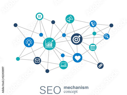 SEO mechanism concept. Abstract background with integrated gears and icons for strategy, digital, internet, network, connect, analytics, social media and global concepts.