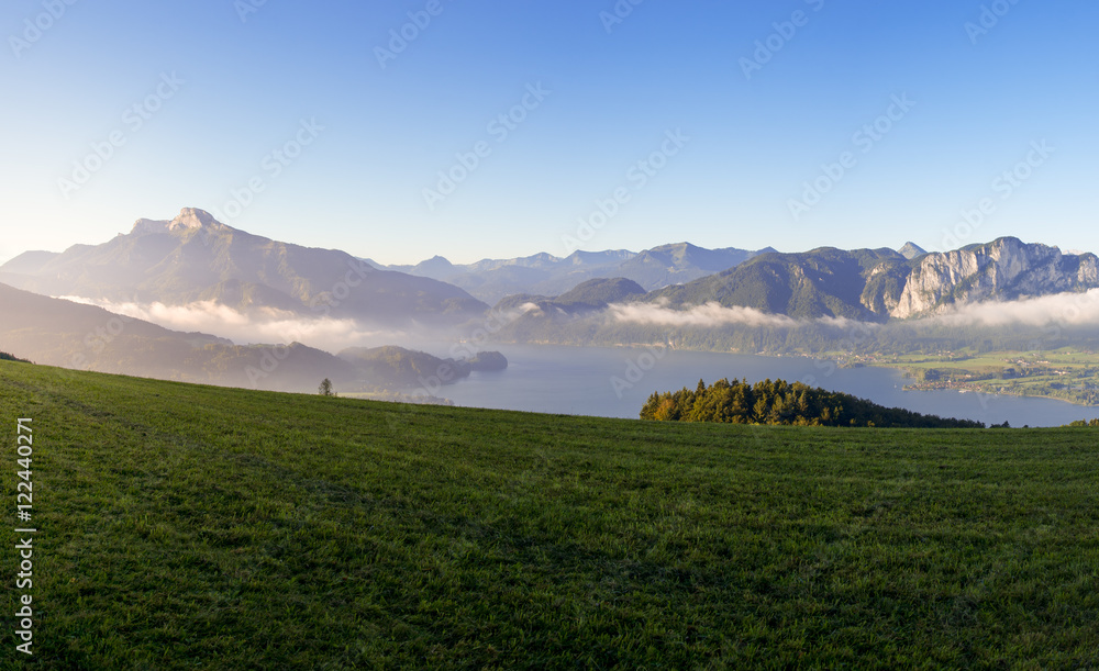Panoramic view over the Mondsee, Upperaustria, Austria