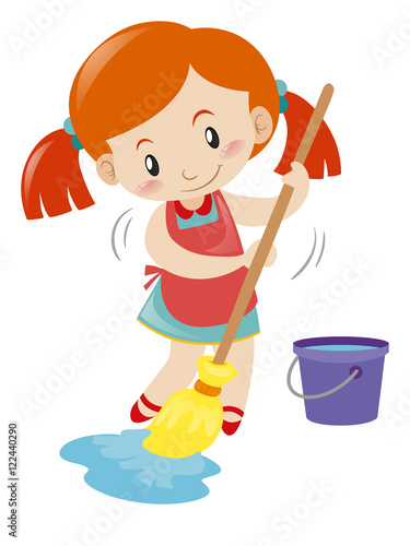 Girl mopping wet floor alone