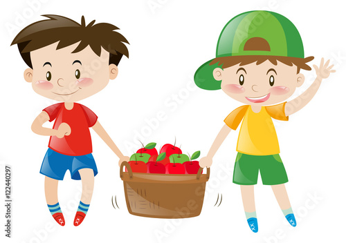 Two boys carrying basket full of apples