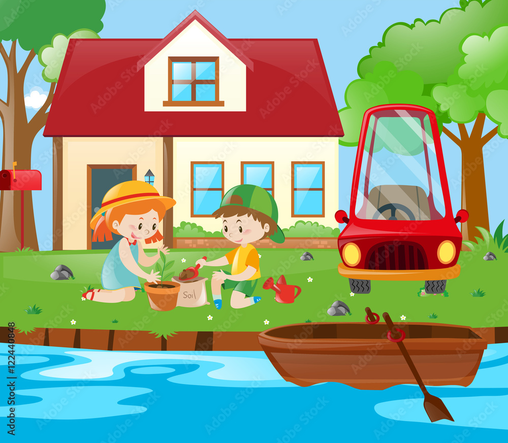 Naklejka premium Scene with kids planting at home
