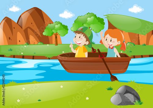 Two kids rowing boat