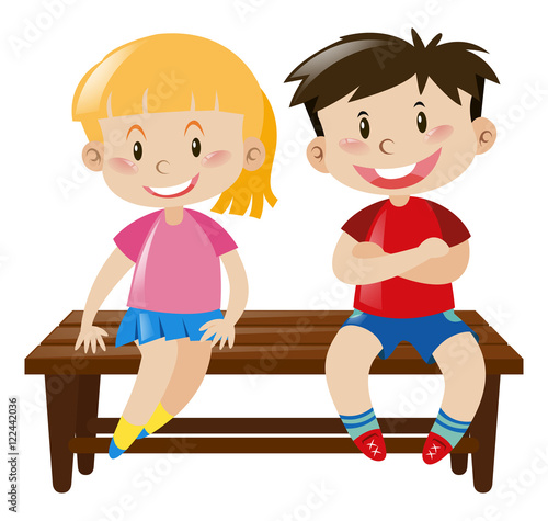 Boy and girl sitting on wooden seat