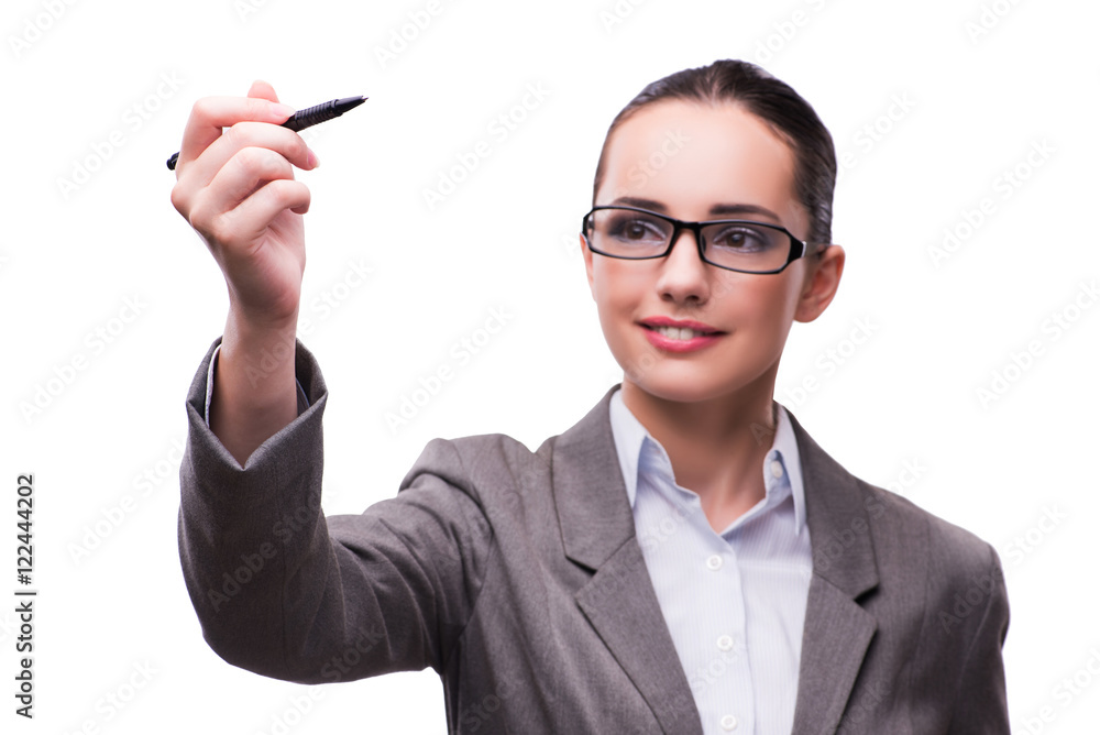 Businesswoman pressing virtual button in business concept Businesswoman pressing virtual button in business concept