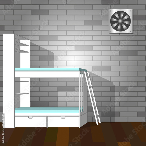 Living Room Interior design  with children furniture. Baby bunk blue bed with ladder in room. 3D Vector illustration.
