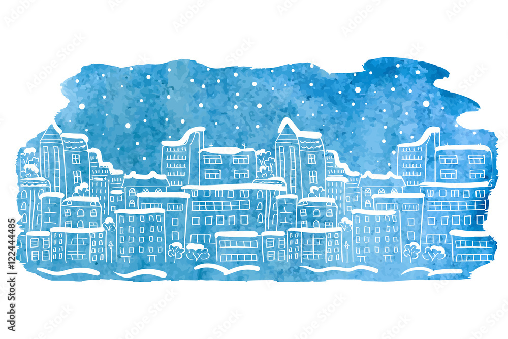 Watercolor winter cityscape. Merry Christmas and New Year card design. Vector illustration. 