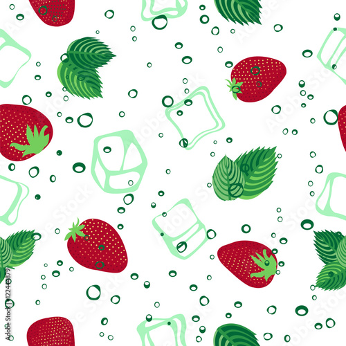 Fototapeta Naklejka Na Ścianę i Meble -  Strawberry mojito seamless vector pattern on white background.