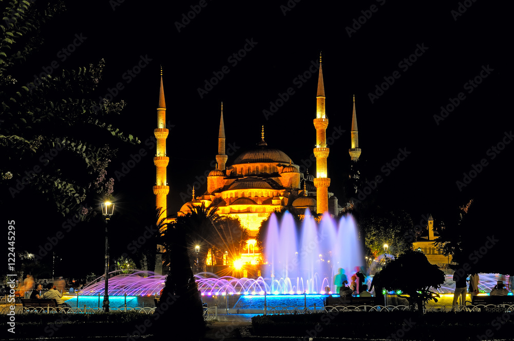 Night view of Sultan Ahmed Mosque and fountain, Istanbul Turkey 