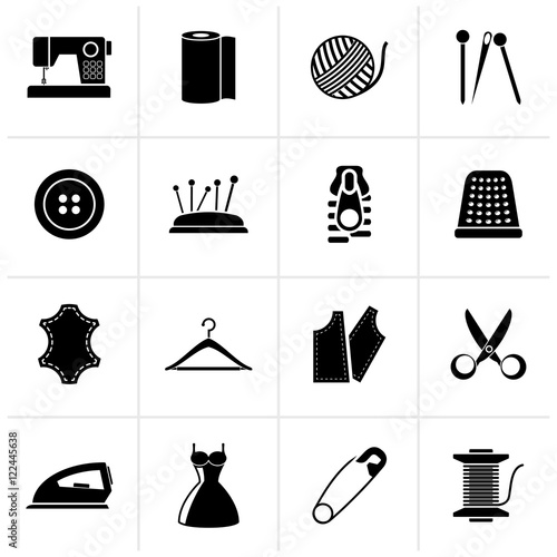 Black sewing equipment and objects icons - vector icon set