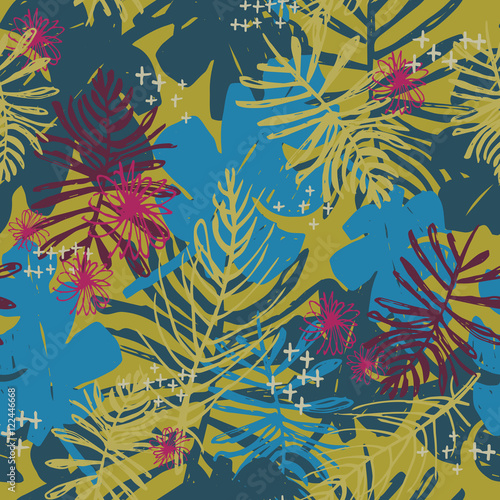 Palm Leaf Tropica Camo - Hand Drawn Seamless Repeat Tile - Green, Blue & Pink