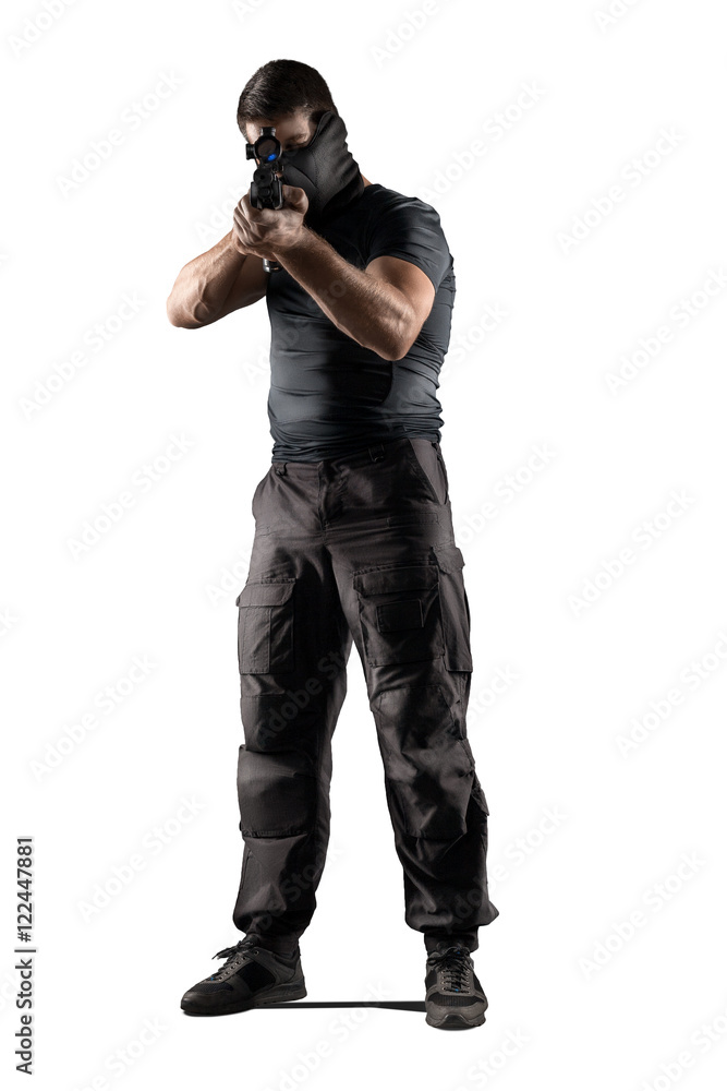 Soldier with sniper rifle aiming isolated on white Soldier with sniper rifle aiming isolated on white