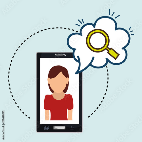 woman cartoon tshirt red smartphone black cloud search vector illustration