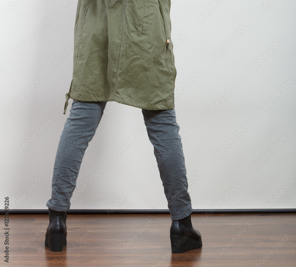 Closeup woman in dark green jacket. Autumn fashion Closeup woman in dark green jacket. Autumn fashion