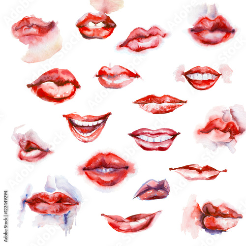 Watercolor painting sketches. Set of women s lips on white background. 