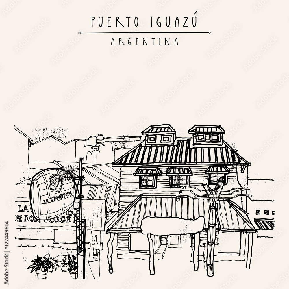 Fototapeta premium Puerto Iguazu, Argentina. Hand-drawn postcard in retro style