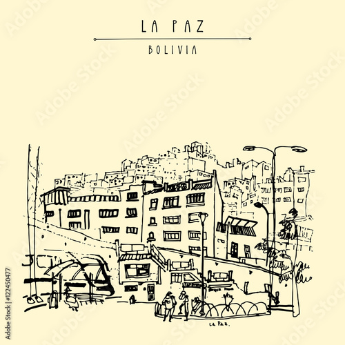 View of La Paz, Bolivia. Bus station, houses, Andes mountains. Vintage artistic hand drawn postcard, poster, book illustration