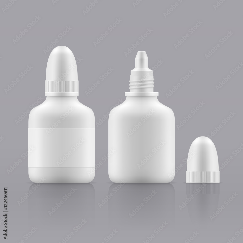 Vector nasal or eye dropper. Open and closed white plastic bottles. Container with medical drug for nose or eye. Blank packing - vector isolated illustration Vector nasal or eye dropper. Open and closed white plastic bottles. Container with medical drug for nose or eye. Blank packing - vector isolated illustration