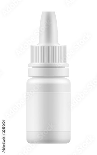 Nasal or eye dropper for nose or eye health. Realistic white plastic container for fluid. Mockup bottle with medical drug for nose or eye . Pharmacy blank packing medication vector illustration