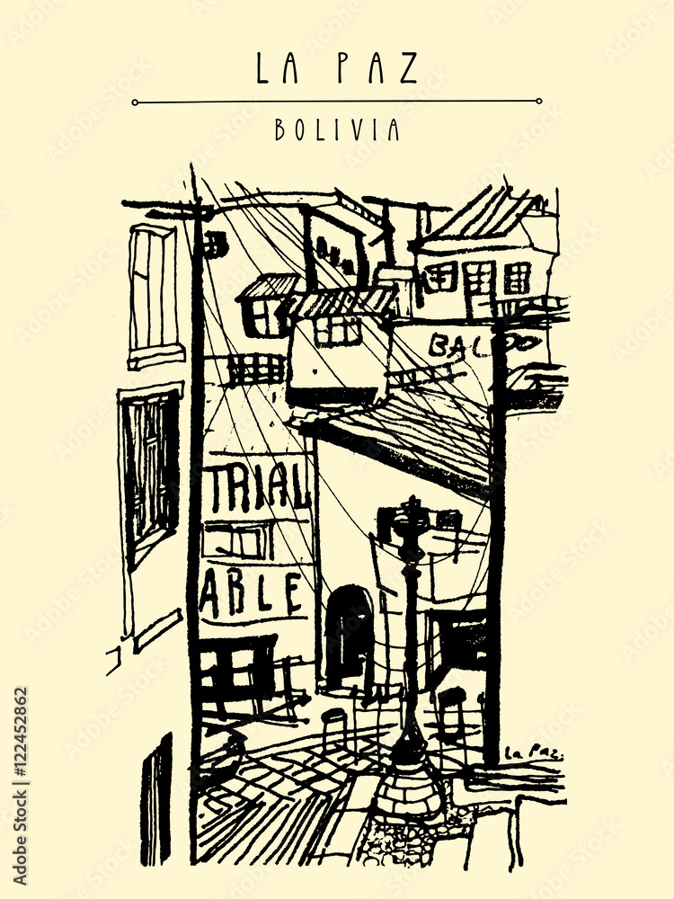 Street in La Paz old historical town, Bolivia, Latin America. Hand-drawn vintage postcard, touristic poster template, book illustration