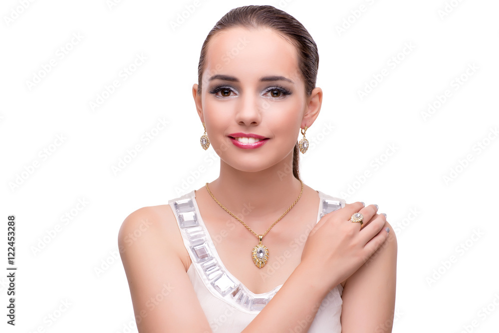 Young woman showing off her jewellery isolated on white Young woman showing off her jewellery isolated on white