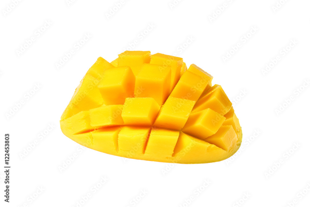 True shape chopped half of ripe mango fruit isolated on white background