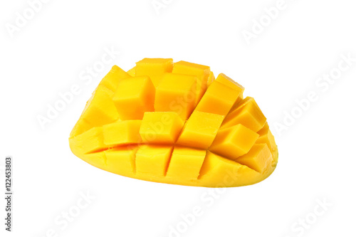 True shape chopped half of ripe mango fruit isolated on white background