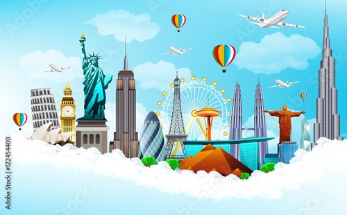 Travel the world monuments concept on blue sky background 