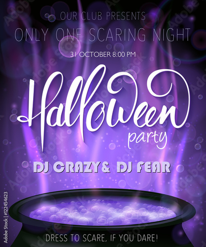 vector halloween party invitation poster with hand lettering label - halloween - with boiling witch cauldron on background