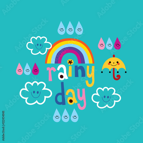 rainy day weather design with cute clouds umbrella rainbow and raindrops